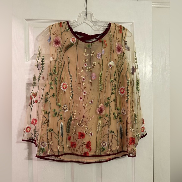 entro Floral Embroidered Sheer Top with Lined Bodice. - Picture 1 of 6